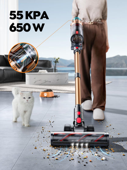 Cordless Vacuum Cleaner, 55KPA 650W 70Mins Stick Vacuum Cleaners for Home with Motorized Bed Brush, Flexible Hose, LED Touchscreen, Auto Mode, Self-Standing & Wall Mount, for Pet Hair Carpet Floor