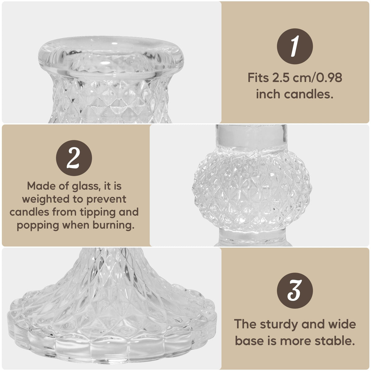 Glass Candlestick Holder Taper and Pillar Candle Holder Desktop Decoration for Wedding Dinning Party-3 Packs