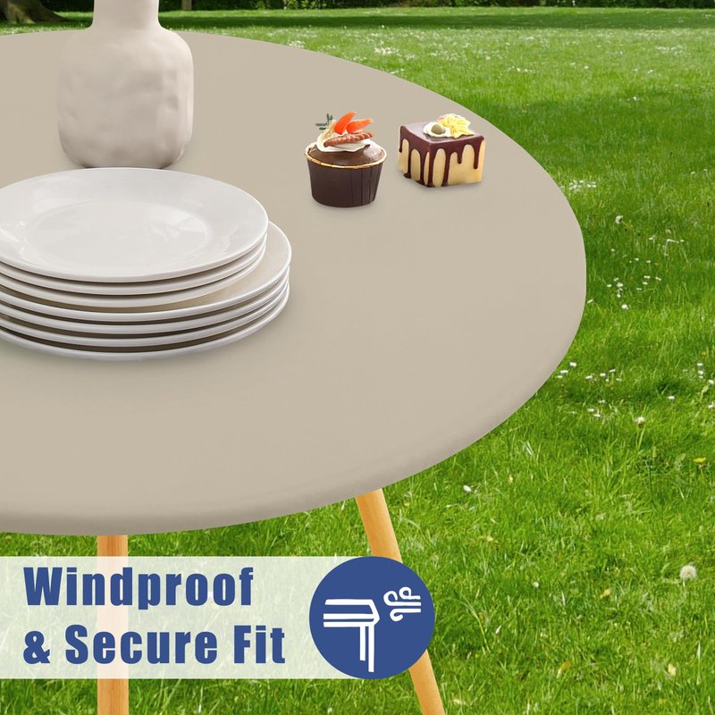 Moosfor Round Spandex Tablecloth, Elastic Fitted Waterproof Tablecloths for 31"-35" Tables, Stretch Washable Picnic Table Cover for Camping, Dining, Indoor and Outdoor, Taupe