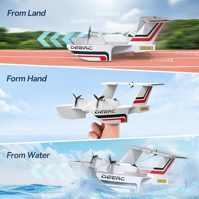 DEERC RC Plane for Water Land &amp Air Amphibious Tri-Phibian Aircraft 3CH Remote Control Plane W/ 2 Batteries 2.4GHz RTF Airplane Glider for Boy Girl