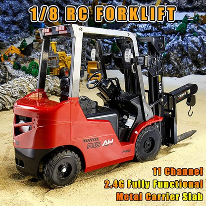 RC Forklift 11 Channel Red Remote Control Forklift 1/8 2.4G Fully Functional Construction Vehicle with Metal Carrier Slab with Lights Sound Warehouse Engineering Truck Heavy Equipment