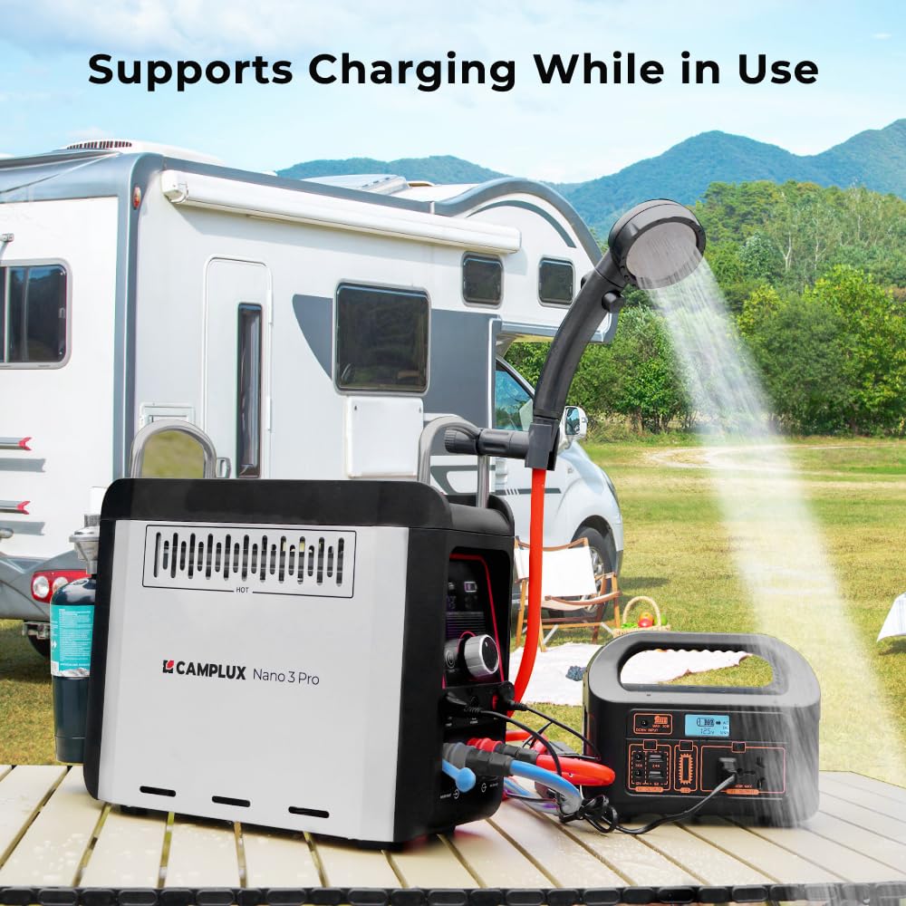 CAMPLUX Nano 3 Pro 1 lb Propane Portable Water Heater, Table Top Camp Water Heater & Shower Pump w/Built-in Battery, Compact Outdoor Camping Hot Showers