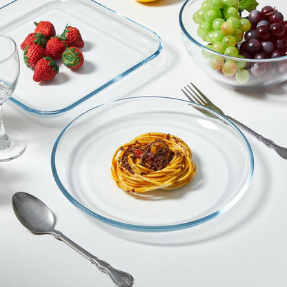 6 Pcs Clear Glass Dinnerware Set Glass Plates and Bowls with Blue Tint Round Square Tempered Plates 10'' and Kitchen Serving Bowl 8'' for Dessert, Salad, Fruit, Dishwasher and Microwave Safe