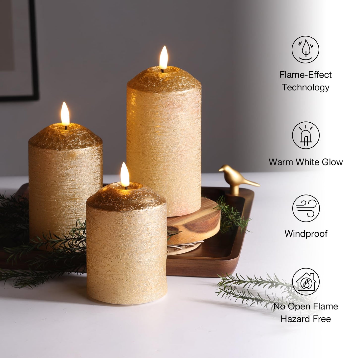 Eywamage Gold Flameless Pillar Candles with Remote, Flickering LED Wax Candles Battery Operated Set of 3