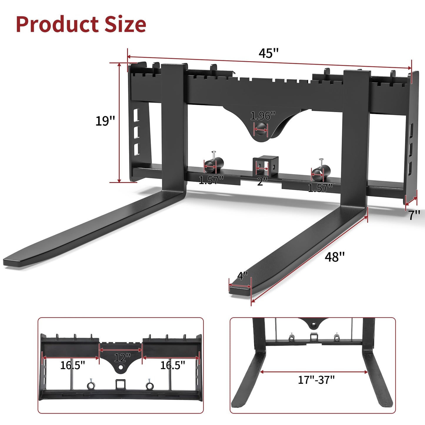 YITAMOTOR 45" Pallet Forks Frame Attachment with 48" Pallet Forks Forklift Blades, 4000 lbs Capacity with 2 Inch Receiver Hitch & Spear Sleeves for Kubota Bobcat Skid Steer Loaders Tractors