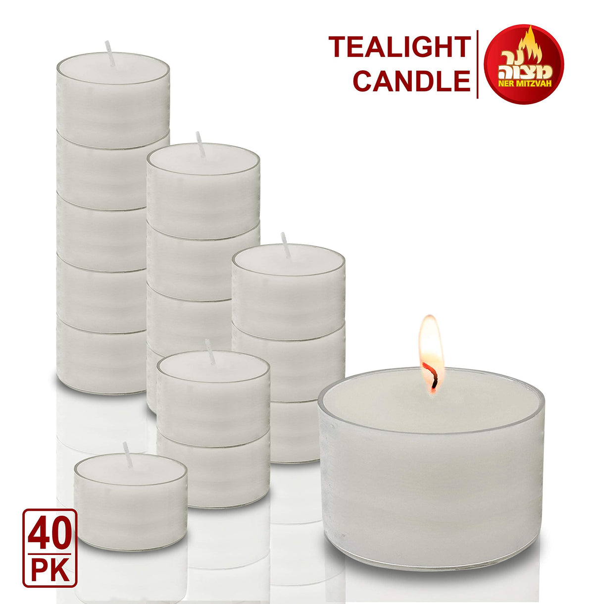 Ner Mitzvah Long Lasting Tealight Candles - 6 Hours - White in Clear Cups - Unscented - 40 Pack - Made in EU