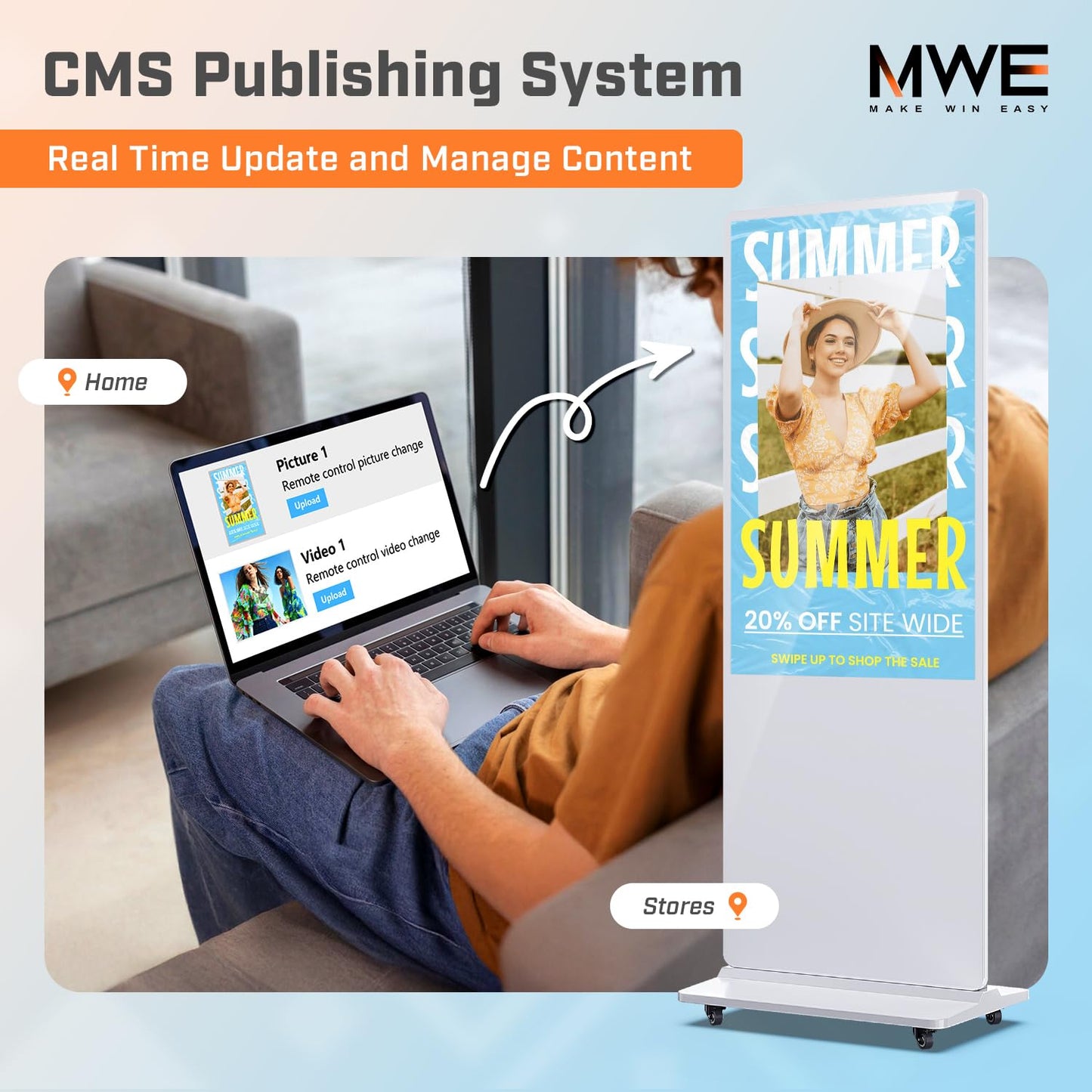 QIXZOCV MWE 65 Inch 4K Digital Signage Display Kiosk, Indoor Floor Standing Advertising Display Poster, LCD Commercial Display with Auto Media Player, Android System, HDMI/USB/WiFi, White