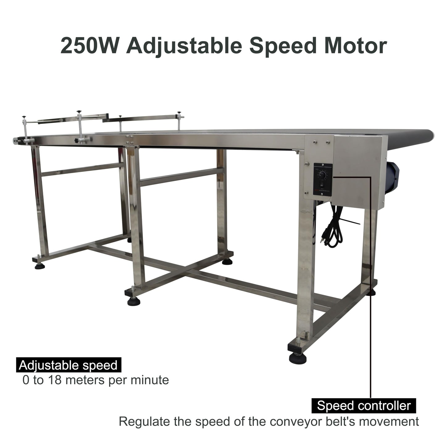 BREVELTION PVC Flat Belt Conveyor Stainless Steel Industrial Transport Conveyor Adjustable Speed Conveyor with Double Guardrails Conveyor Length 82.7inch Width 23.6inch Load 88LBS 250W