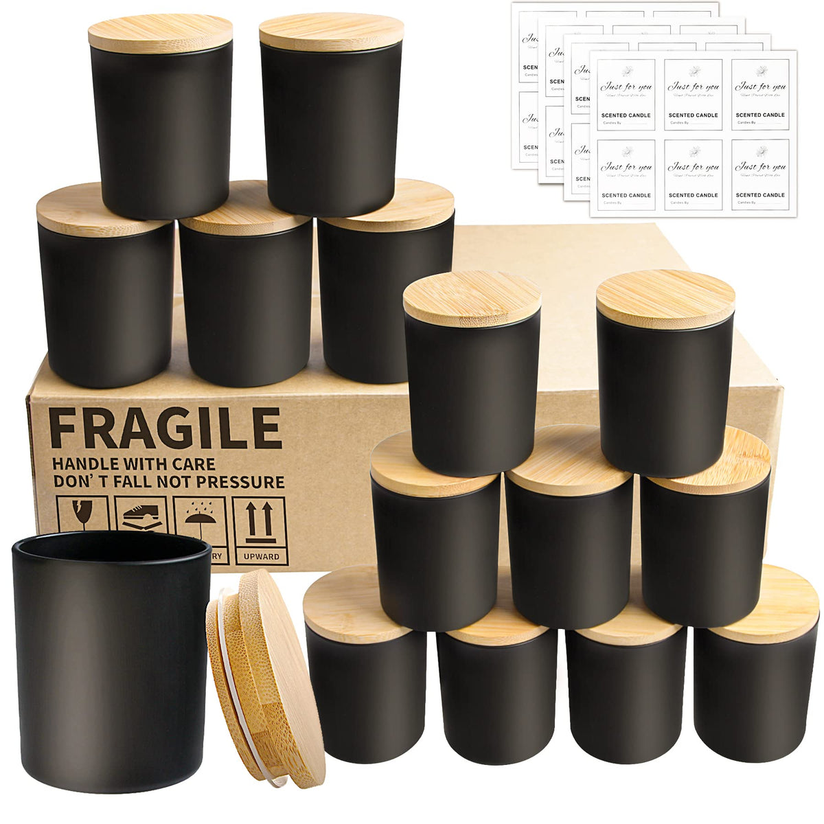 CONNOO 15 Pack 7 OZ Matte Black Candle Jars with Bamboo Lids for Making Candles, Thick Glass Candle Jars Empty Jars in Bulk with lids - Dishwasher Safe