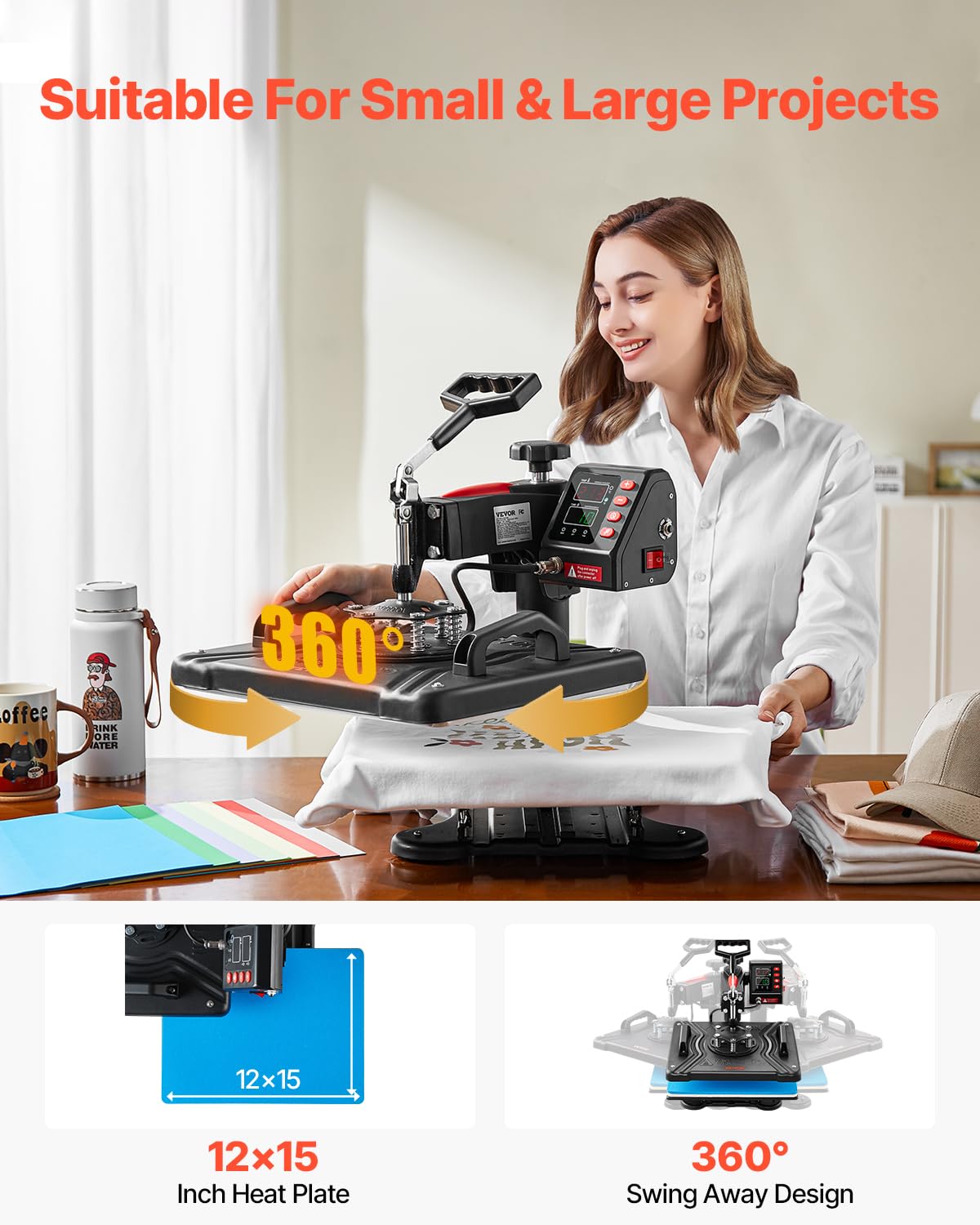 VEVOR 5 in 1 Heat Press Machine 12x15 Inch, 360° Swing Away Shirt Press Machine - Digital Professional Heat Transfer Tshirt Press Machine, Sublimation Heat Press for T Shirts Hat Cap Mug Plate