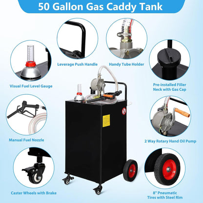 50 Gallon Portable Fuel Caddy with Manual Pump, Heavy Duty Gasoline & Diesel Transfer Tank On 4 Wheels, Mobile Fuel Storage Container for Truck, Boat, Lawn Mower, ATV, Garage & Farm Use – Black