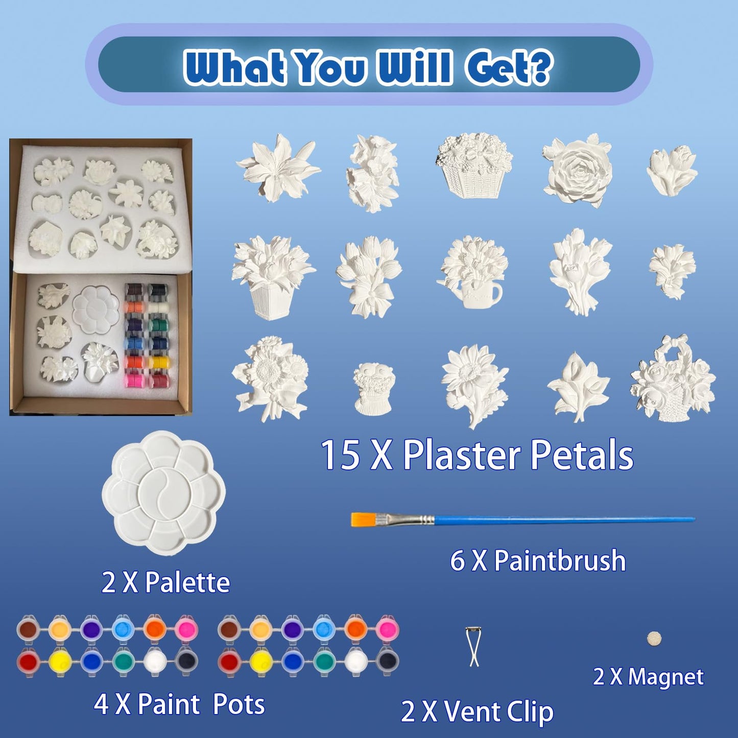15 Pcs Plaster Painting Kit for Adults & Teens, DIY Flower Magnets to Paint with Embedded Magnets, Ceramic-Like Craft Kit with Acrylic Paints & Brushes, Fridge Magnet Decor & Car Diffuser Stone