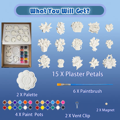 15 Pcs Plaster Painting Kit for Adults & Teens, DIY Flower Magnets to Paint with Embedded Magnets, Ceramic-Like Craft Kit with Acrylic Paints & Brushes, Fridge Magnet Decor & Car Diffuser Stone