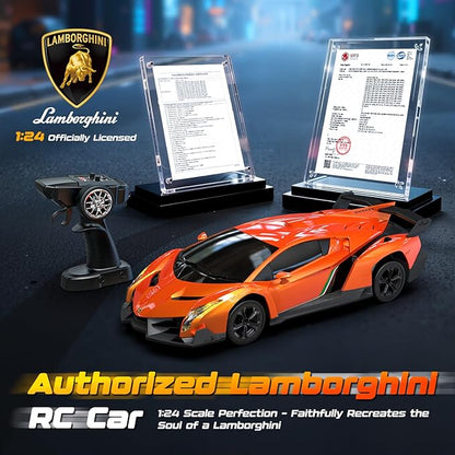 Lamborghini Remote Control Car Toy Officially Licensed RC Drift Car 15Km/h with Underglow &amp Headlights 1:24 Scale 2.4GHz 2 Batteries 60 Min Play RC Gift Toy for Boys &amp Girls Ages 3-12 &amp
