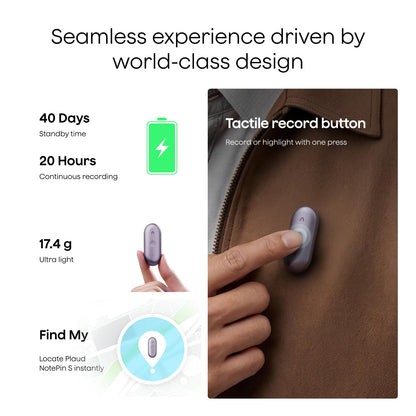 Plaud NotePin S AI Voice Recorder, Wearable AI Notetaker, AI Transcribe & Summarize, Support 112 Languages, 64GB Audio Recorder for Meetings Interviews, Professionals, Teams, with 4 Accessories