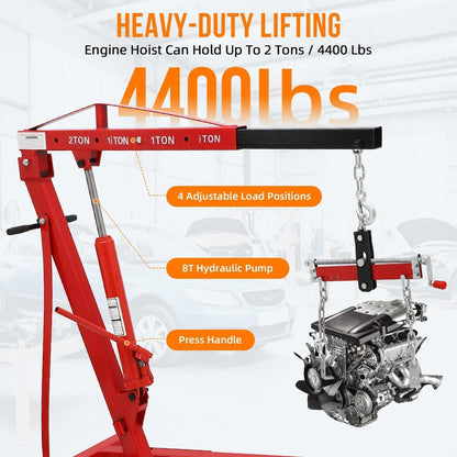 2-Ton Folding Hydraulic Engine Hoist - 4400 lb Heavy Duty Shop Crane with Adjustable Telescoping Boom, Load Leveler & 6 Swivel Caster Wheels, Red, for Garage and Automotive Use