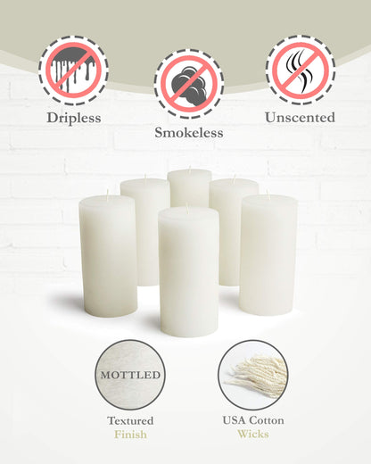 Mottled Pillar Candles by Bask - Set of 6-3" x 6" Dripless Unscented Candles in White for Home Decor, Relaxation & All Occasions