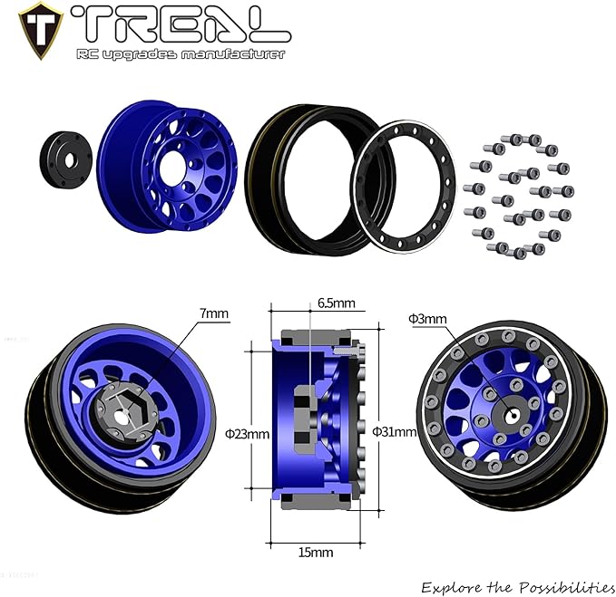 TREAL 1.0 Beadlock Wheels 12 Spokes Classic Rims (4P) for SCX24 AX24 FCX24 TRX4M 1/24 1/18 Crawler Car-Type I(Red)