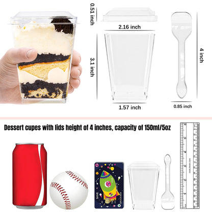YunKo 5oz Dessert Cups with Flat Lids and Spoons, Plastic Mini Parfait and Appetizer Cups, Great for Party, Vasos Para Postres Con Tapa 100 Pack