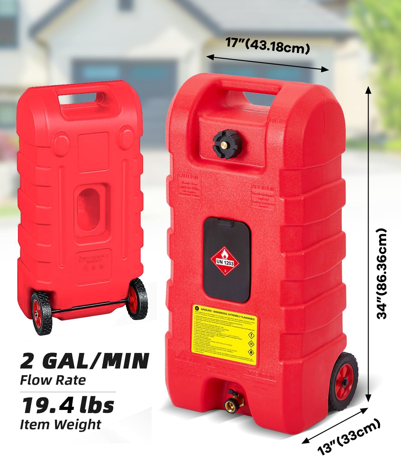 Garvee 15 gal Gas Can, Heavy-Duty Gas Tank and Fuel Caddy with Manual Fuel Transfer Pump, Portable Fuel Tank on Wheels with 10 ft Hose for Lawn Mowers, Cars, Boats, ATVs, Home and Farm Use, Red