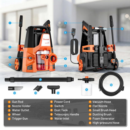 This Hill 4-in-1 Pressure Washer and Wet/Dry Vacuum, 2800 PSI Max 1.7 GPM Electric Power Washer, 1400W Multi-Function Cleaner with Blower and Foam Cannon for Cars, Patio, Garage and Home Cleaning
