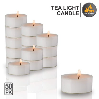 Ner Mitzvah Tea Light Candles - 50 Bulk Pack - White Unscented Tealight Candles in Clear Cup - Long Burning - 4.5 Hour