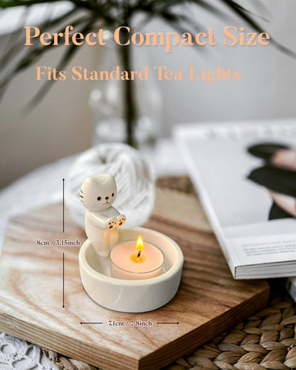 Cat Candle Holder, Cute Cartoon Kitten Scented Candles Candle Lamp, Handmade Ceramic Candlestick,Cartoon Cute Scented Candle Sticks Holder Decor, Gift for Cat Lover - Aromatherapy Candle Included