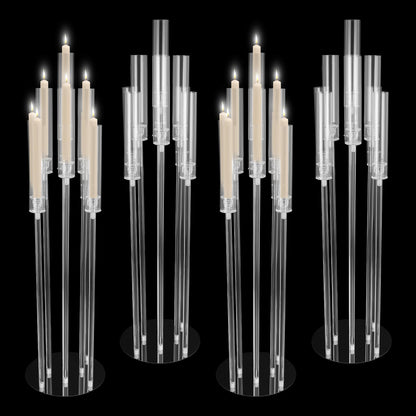 4Pcs 9 Arms Acrylic Candle Holder, Clear Candlestick Holder w/Acrylic Shade, 42.5In Tall Crystal Tapered Candle Holders Centerpieces w/Rectangular Base for Home Wedding Party (4 Pcs 9 Arms Type B)