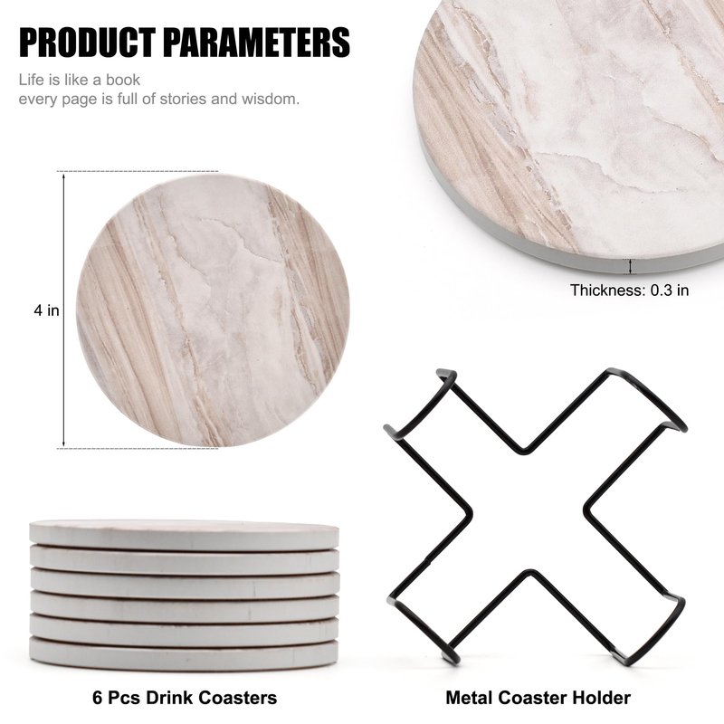 Hoewina 6Pcs Drink Coasters with Holder, Natural Style Ceramic Drink Coaster, Absorbent Coasters Set Suitable for Kinds of Cups, Modern Style Coasters for Coffee Table, 4 Inches（Style 5）