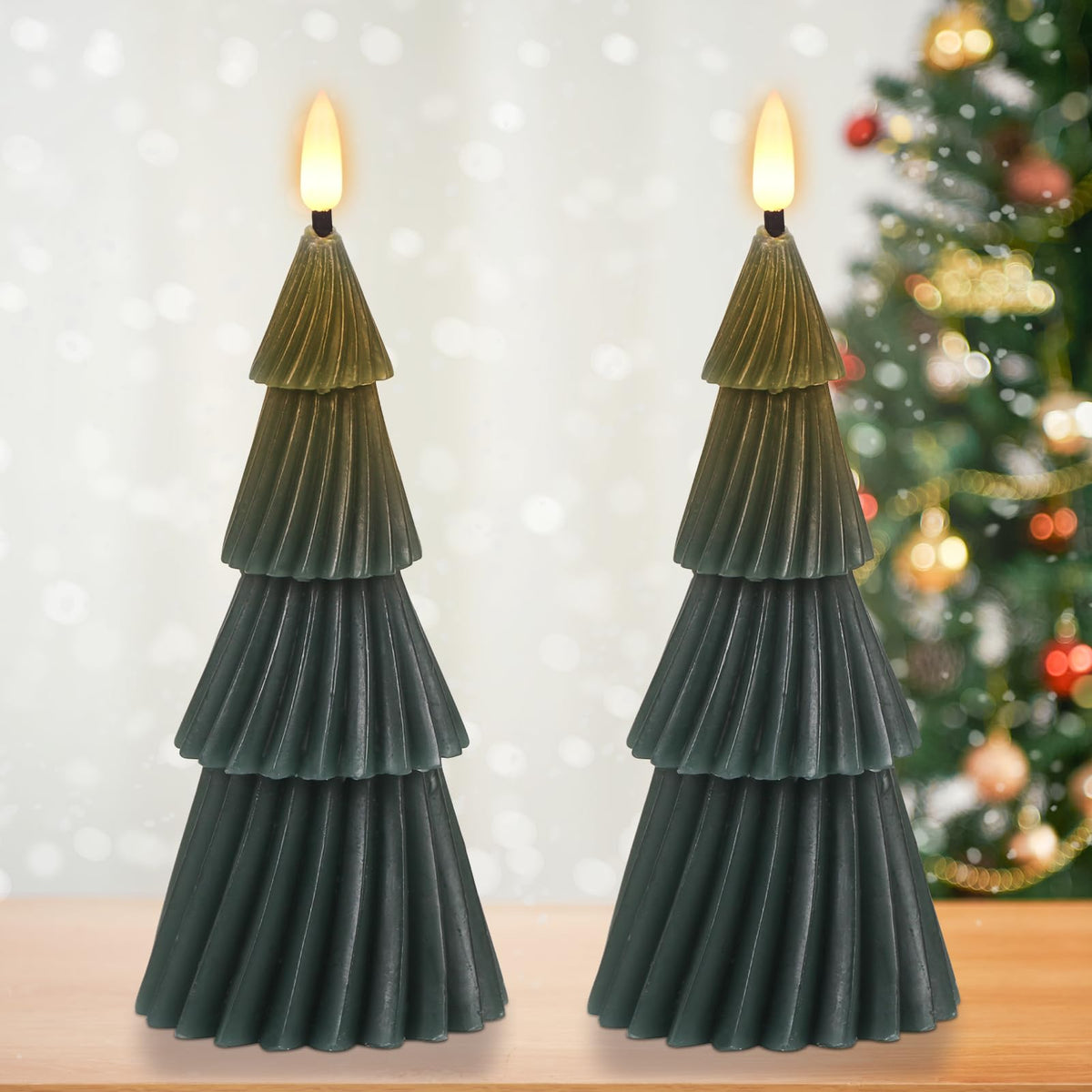 Eldnacele Stripe Christmas Tree Flameless Candle with 6 Hour Timer, Battery Operated(Included) 3D Wick Flickering Real Wax Green LED Candles Xmas Eve Dinner Holiday Decor (2Pcs,3"×7.1")