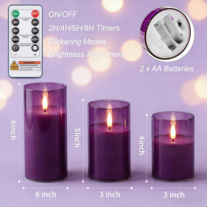 Homemory Purple Glass Flameless Candles, Battery Operated LED Pillar Candles with Remote Control and Timer, Radiance Candles, Real Wax, Set of 3,D3 xH4 5" 6"