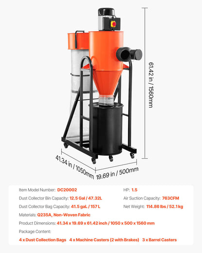 VEVOR Dust Collector, 763 CFM 1 Micron Cyclone Dust Collector, 1.5HP Dusts Collection System with 12.5-Gallon Dust Collector Bag & Base Stand, Smart Cyclone Separation, Dusts Separator for Woodworking