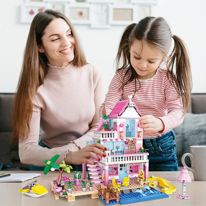 Pink Girls Seaside Beach Villa Friends Building Set Compatible with Lego Friends Construction Educational Toy for Adult Age 14 Up 822 PCS