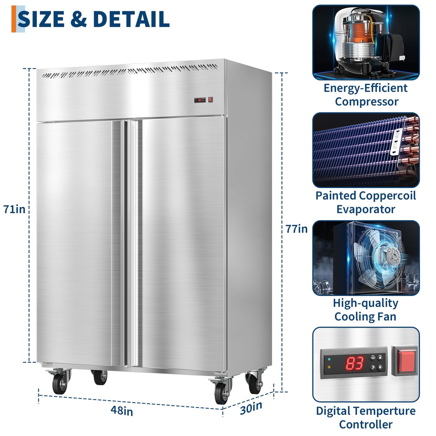 48 Inch Wide Commercial Refrigerator, 36 Cu.ft Upright Refrigerator Only No Freezer, 2 Door 2 Section industrial fridge with Auto Defrost & 6 Adjustable Shelves for Restaurant, Bar, Kitchen, Shop