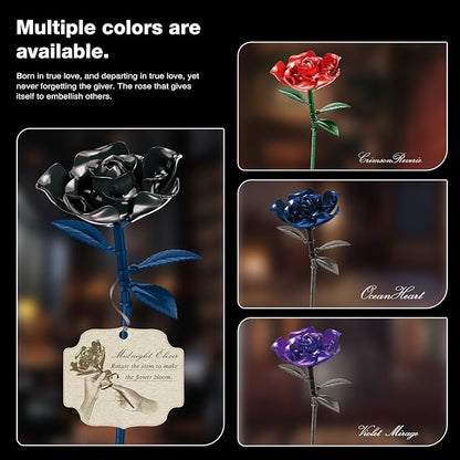 Rose Rotating Everlasting Flower Building Set Compatible Artificial Bouquet Elegant Home/Office Decor Accent for Tabletop Display Long-Lasting Home Decoration (Black)