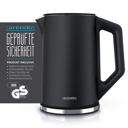 Arendo - Stainless Steel Kettle with Temperature Setting 40-100 Degrees in 5 Steps - Double Wall Design - Elegant Model - 1.5 Litre - 2200 W - Tea Maker with Temperature Display - GS - Black