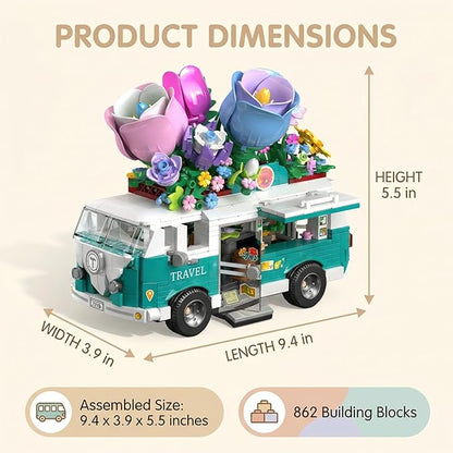 Flower Camper Van Building Set 862 Piece Botanical Travel Bus with Opening Side Cabin Outdoor Table Chairs Creative Gift for Teens Adults Home Decor STEM Educational Assembly Building