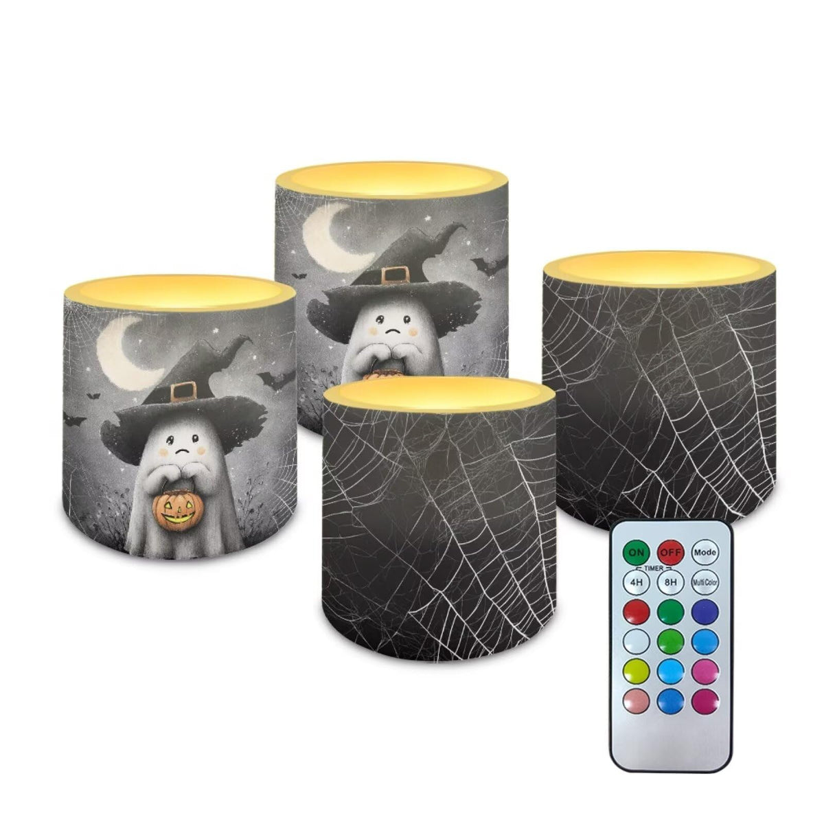 Merkmak Halloween Flameless Candles with Remote Battery Operated Candles with Timer Flickering LED Battery Operated Elictric Pillar Tealights for Home Decorations, Moon Ghost Spider Web