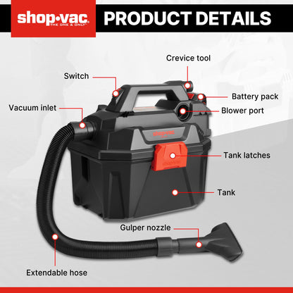 Shop-Vac 5430023 20V Cordless Wet/Dry Vacuum, 2 Gallon, 1.5 Inch Diameter x 5 Foot Hose, Portable Design for Quick Cleanups in Home and Garage