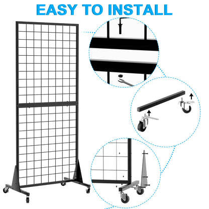 QKOSMTL 4-Pack Gridwall Panel Display Stand, 2'x5.5' Heavy Duty Floor Standing Rack with Detachable Girdwall, Movable Silent Wheel, Easy to Transport, Ideal for Retail & Craft Fairs