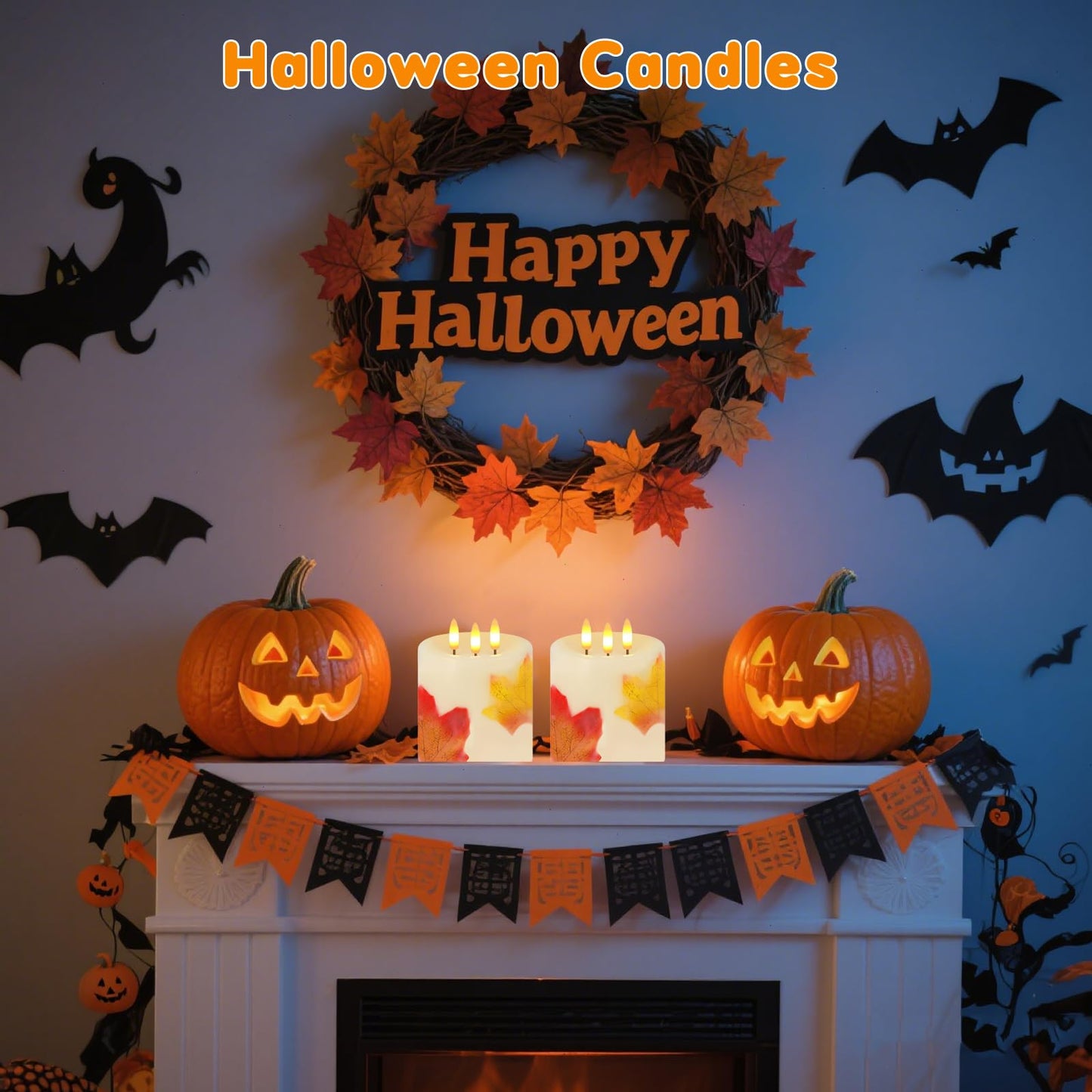 Large 3 Wick Flameless Candles, 4"x4" Flickering Maple Leaves LED Candles with Remote & Timer, Real Wax Electric Pillar Candles Battery Operated, Fall Candles for Thanksgiving Harvest Autumn Decor