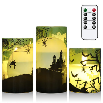 Eldnacele Halloween Flameless Candles with Remote Spider Web, Ghost, Castle Decals Battery Operated Real Wax Flickering Glass Pillar Candle for Spooky Holiday Decor 3 Pack