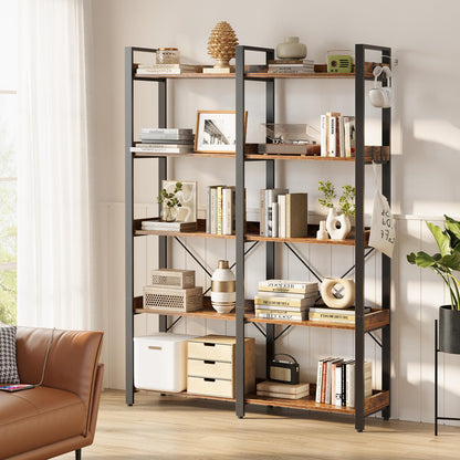 Seventable Bookshelf 5 Tier with 4 Hooks, 63” Industrial Wooden Bookcase, Vintage Storage Rack with Open Shelves, Rustic Standing Bookshelves Metal Frame 43.3” Wide Display Rack, Rustic Brown