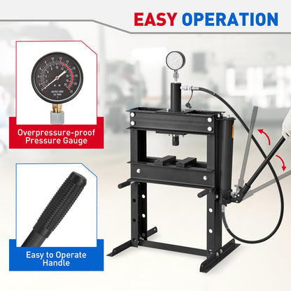 10T Hydraulic Press, 10 Ton H-Frame Garage Hydraulic Shop Press with Pressure Gauge, Adjustable Hydraulic Press with Plates, Black