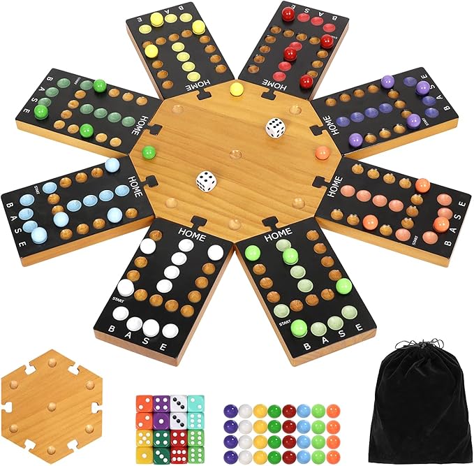 Marble Board GameWooden Board Game for 6-8 PlayersPortable Design Marble Game with 32 Marbles 16 Dice Family Game Night Gift for Kids &amp Adults