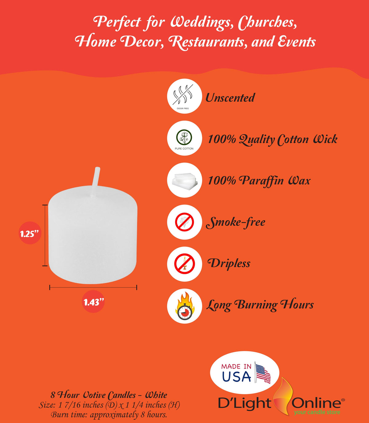 D'light Online Unscented Votive Candles - Small Candles for Synagogues, Churches, Baby Shower, Home Decoration, Restaurants and Weddings (White, 8 Hour - Set of 72)