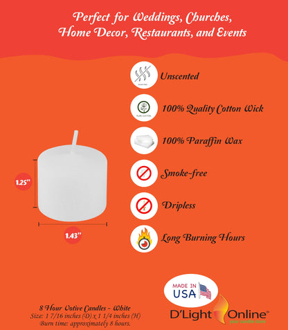 D'light Online Unscented Votive Candles - Small Candles for Synagogues, Churches, Baby Shower, Home Decoration, Restaurants and Weddings (White, 8 Hour - Set of 72)