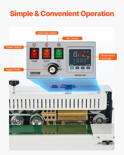 VEVOR Continuous Bag Band Sealing Machine FR900K Band Sealer Machine with Digital Temperature Control Horizontal Bag Sealer for 0.02-0.08 mm Plastic Bags Continuous Band Sealer w/Printing Function