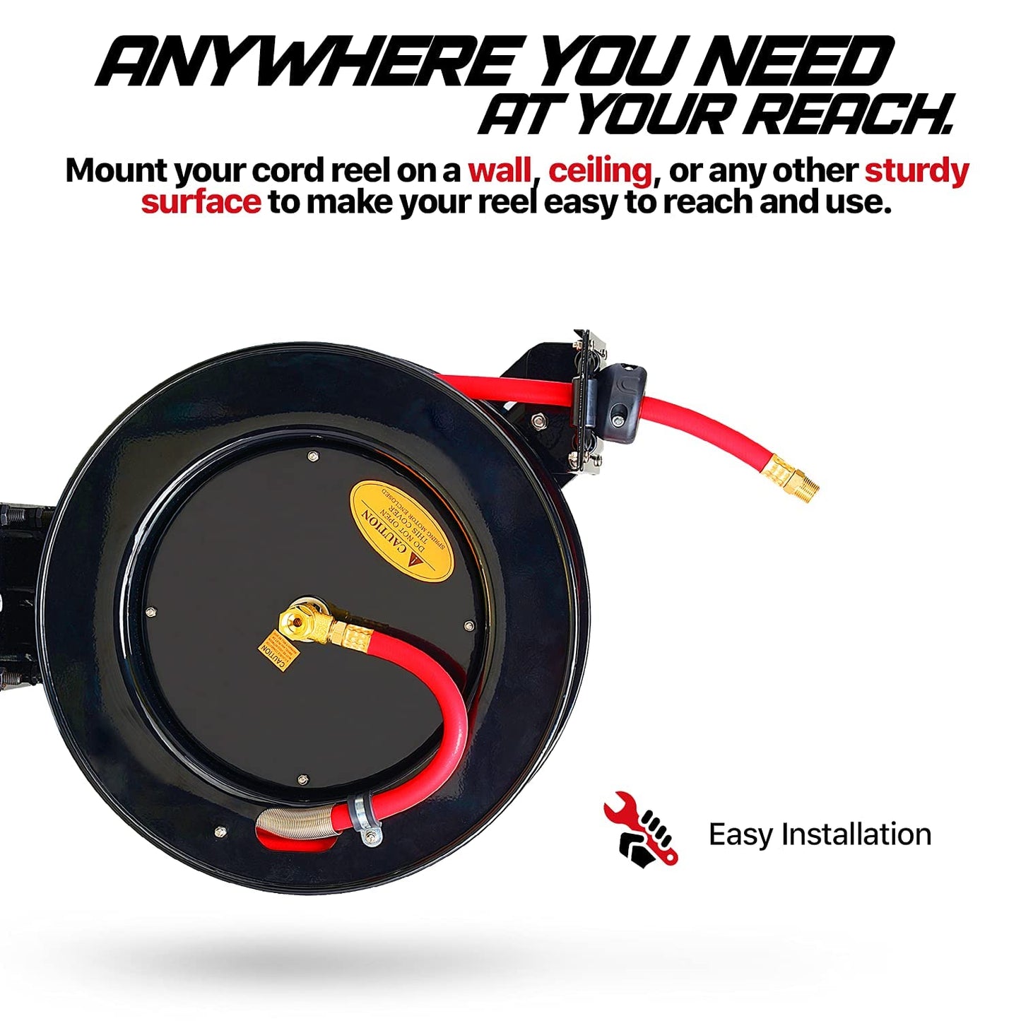ReelWorks Air Hose Reel Retractable 3/8" Inch x 50' Feet Hybrid Polymer Hose, Max. 300 PSI & Extension Cord Reel Retractable 12awg x 80' Foot 3C/SJTOW Glow Strip Cable
