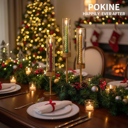 POKINE Set of 6 Gold Candle Holders, Tall Hurricane Candlestick Holders with Glass for Taper and Pillar Candles, Home Decor for Wedding, Christmas, Party, Anniversary, Dining Table